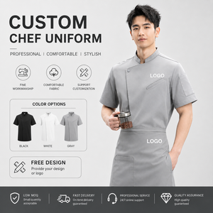 Uniforme de chef haut de gamme pour homme, poches courtes obliques, tissu sergé 100% polyester, impression en relief pour restaurant, restauration, chef - Product Image 1
