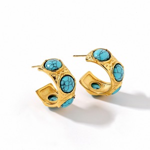 Huggie <b>Earrings</b> Gold Plated <b>Turquoise</b> Oval Geometric <b>Stud</b> For Women - Product Image 5