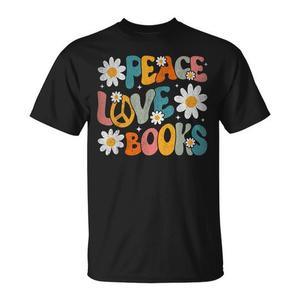 Camiseta Peace Love Books para bibliófilos, bibliotecarios y profesores de lectura - Ropa promocional genial - Product Image 1