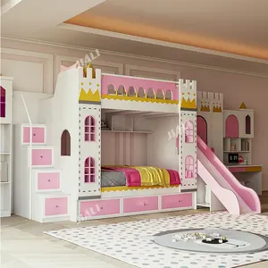 Pink Wooden Castle Princess Bunk Bed Kids Princess Children Bed For Children Kids Girl With Slide Stair Storage
