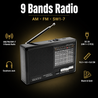 Radio de poche portable vintage OEM ODM avec logo personnalisé, 9 bandes AM FM SW, USB, TF, BT, alimentée par piles, lampe de poche d'urgence