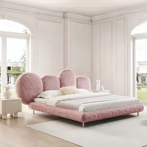 现代粉色公主卧室家具结实耐用的床全/大号带织物装饰床架