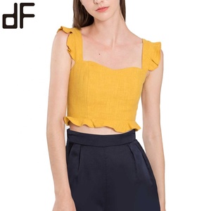 OEM estate Casual fantasia canotta camicie per le donne <span class=keywords><strong>senape</strong></span> di lino giallo svolazzare cinturino in <span class=keywords><strong>camicia</strong></span> Sexy Top corto con motivo intrecciato - Product Image 3
