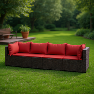 Brown Garden <b>Sofa</b> <b>Set</b> Cinnamon Red Cushions Outdoor Patio Furniture Contemporary Design UV Resistant PE Rattan Waterproof - Product Image 2
