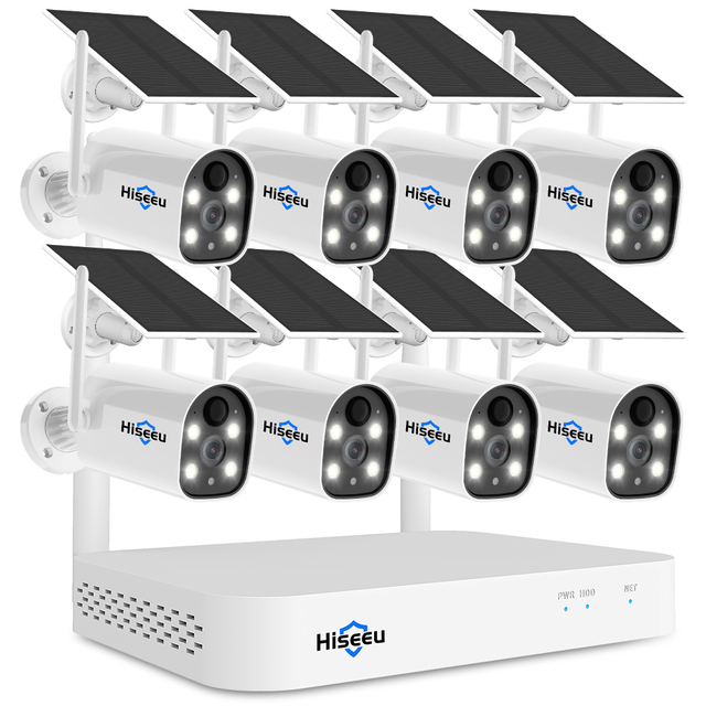 Hiseeu H.265 4MP 8 Channel Outdoor Two Way Audio IP Wireless Cctv Kit Surveillance Home Wifi Nvr Solar Camera System SD Card,nvr