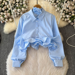 Camisa con Decoración de Volantes 3D, Nueva Blusa Corta Ajustada para Mujer, a la Moda - Product Image 6