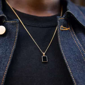 Kalung Liontin Batu Hitam Onyx Lapis Emas, Perhiasan Kotak Batu Alam Baja Tahan Karat Modis Kustom