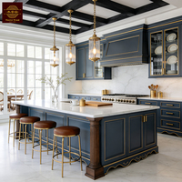 Armoires de cuisine de luxe de style américain, en bois massif, modulaires, haut de gamme, bleu marine, avec îlot central