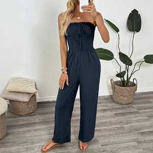 Shirring <span class=keywords><strong>con</strong></span> spalle scoperte tute da donna Sexy cintura elastica <span class=keywords><strong>con</strong></span> spalline a gamba dritta tute da donna - Product Image 2