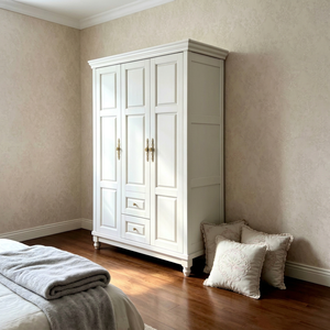 High Quality Solid Wood 3 Door White <b>Wardrobe</b> with Drawers & Casters, American Style Storage Clothes Cabinet for Bedroom Home - Product Image 1