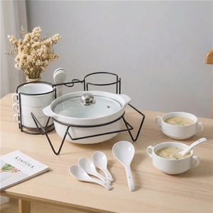 Set Perlengkapan Makan: Panci Sup Keramik Putih 10,5 Inci dengan 6 Mangkuk 6x6,25 Inci, 1 Sendok 8,75 Inci, 6 Sendok 5,25 Inci, dan Rak Logam Hitam - Product Image 4