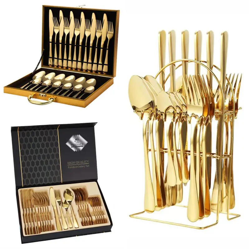 Stainless steel steak knife  fork spoon 24pcs set flatware 6 people 1010 matte gold cutlery gift box set Factory metal tableware