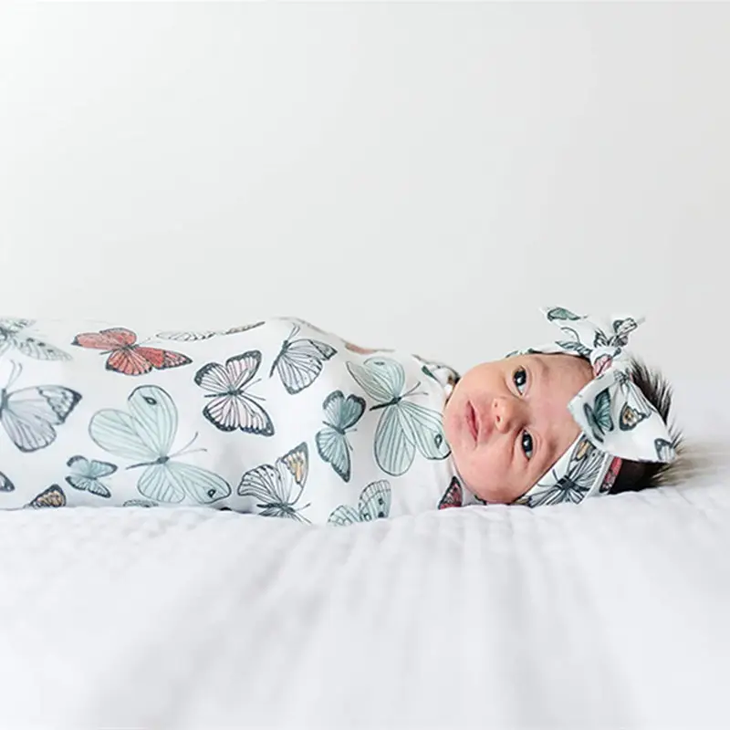 2 Stks/set Vlinder Bloemen Pasgeboren Baby Ontvangen Inbakeren Wrap Deken + Hoed Set Voor Baby Beddengoed Badhanddoek Fotografie Props