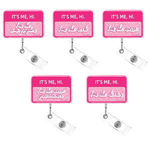 Porta credenciales con purpurina rosa It's Me Hi para ecografista, técnico de enfermería, enfermera, doctora - Product Image 1