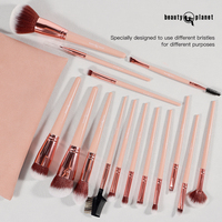 Beauty Planet OEM ODM Logo Ensemble de 15 pinceaux de maquillage, pinceaux pour poudre libre, fard à paupières, blush, ensemble de pinceaux de maquillage rose de luxe avec sac