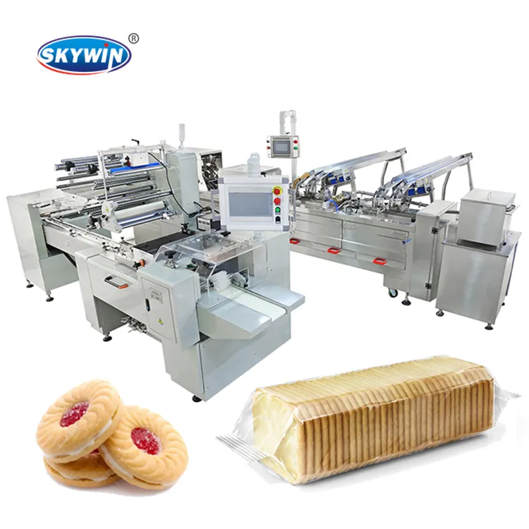 SKYWIN Machinery sandwich biscuit maker con confezionatrice per biscotti on edge flow confezionatrice senza vassoio