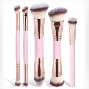 Lot de 5 pinceaux de maquillage double embout personnalisables avec logo, pour fond de teint liquide, anticernes, fard à joues, poudre, poils doux véganes - Product Image 1