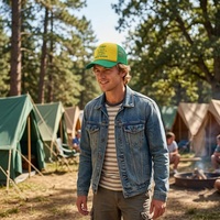 Gorras Trucker Personalizadas de 5 Paneles con Malla de Espuma Retro Amarillo Verde, Estampadas con 'Camp Know Where' y Cuerda Tejida, para Verano, Venta al por Mayor