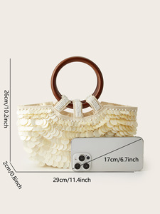 Handmade <b>Sequin</b> Shell <b>Handbag</b> Women Vintage Wooden Ring Tote Bag French Style Evening Clutch Detachable Chain Crossbody Purse - Product Image 2