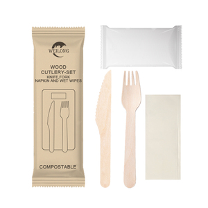 Cấp thực phẩm miễn phí in ấn dùng một lần phân hủy bằng gỗ muỗng nĩa dao và khăn ăn túi giấy phân hủy sinh học Bộ đồ ăn thiết lập dao kéo - Product Image 1