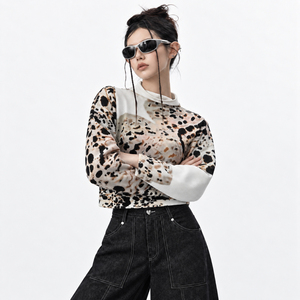 Women's <b>Y2K</b> Animal Print <b>Long</b> <b>Sleeve</b> High Neck Crop <b>Top</b> T-Shirt Autumn Regular Fit Plus-size women's clothing - Product Image 4