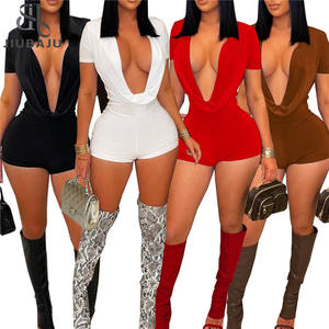 Novedad de Primavera: Mono enterizo ajustado con fruncido y escote en V profundo para mujer, de manga corta, sexy y liso. - Product Image 3