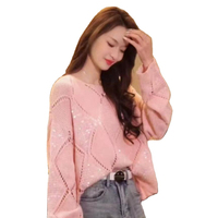 2024 printemps-été diamant treillis paillettes évidé pull en tricot polyvalent tête longue pull ample ensemble pour les femmes