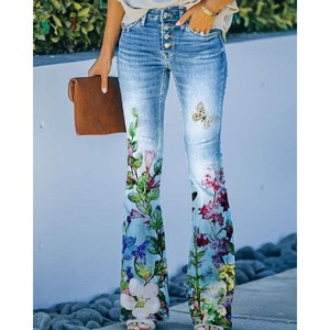Nuova moda donna pantaloni lunghi in Denim Vintage stampa floreale <span class=keywords><strong>a</strong></span> quattro bottoni davanti <span class=keywords><strong>a</strong></span> <span class=keywords><strong>vita</strong></span> <span class=keywords><strong>bassa</strong></span> pantaloni Jeans con 2 tasche - Product Image 5