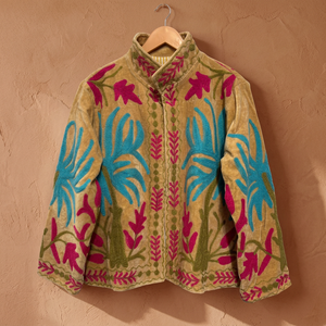 Chaqueta corta de terciopelo para mujer con bordado de hilo grueso, cuello alto, estilo casual, frontal abierto, OEM Suzani, venta al por mayor de fábrica, personalizada - Product Image 4