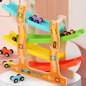 En stock en EE. UU. Pista de carreras de madera de 4 carriles con rampa, coches deslizantes y estacionamiento, juguete para niños pequeños y preescolares - Product Image 1