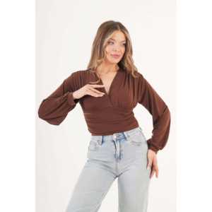 Blusa Marrón de Mujer al por Mayor con Escote en V Drapeado y Bordado, Talla XL, Estilo Vintage para Oficina, Primavera, de Seda, Tejido de Punto y Pana - Product Image 1