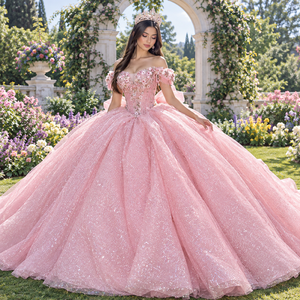 Vestido de Quinceañera/Dulce 16 de Gasa Rosa Rubor Dy1572 con Cintura Natural, Hombros Caídos y Cuentas de Cristal, Estilo Princesa - Product Image 1