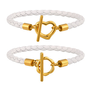 Bracelet en acier inoxydable plaqué or 18 carats avec fermoir OT en forme de fleur et cuir microfibre blanc, bijoux tendance pour femmes, mode quotidienne - Product Image 1