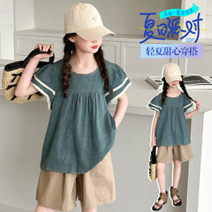 2025 New Cute Girl Green <strong>Short</strong> Sleeved Shirt + <strong>Khaki</strong> <strong>Shorts</strong> 2 Pcs Summer Set Casual Clothes - Product Image 3