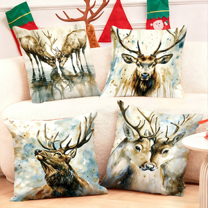 Sarung bantal rusa cat air dekorasi liburan meriah aksen ruang tamu yang nyaman - Product Image 1