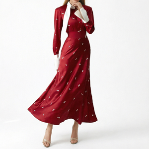 Robe longue imprimée rouge à manches longues, col rabattu, style vintage, formelle et décontractée, idéale pour les vacances - Product Image 1