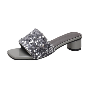 Nouvelles sandales de plage à talons épais à paillettes, style décontracté et polyvalent, bout carré, talons hauts pour femmes 8899 - Product Image 6
