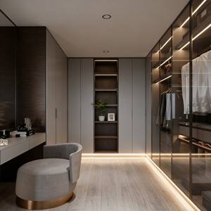 Custom Walk-In Closet System With Sliding Glass Doors Glossy Finish & Gold Trim Integrated Drawers & LED Lighting - Product Image 6