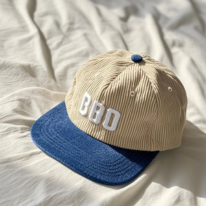 Casquette de camionneur bicolore personnalisée à 5 panneaux en velours côtelé Style Hip Hop Flat Bill Skateboard Snapback Sporty Performance Baseball Hat - Product Image 6