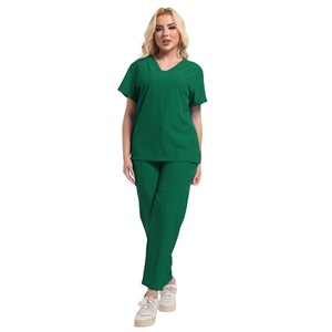 HZMNOI Women's Scrub Suit Set Green V-Neck Short Sleeve Moisture Wicking Hospital Uniforms - Product Image 1