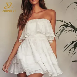 2023 Fashion Tube Top Women Summer Dress Lace Layered Pleated Ruffle Ladies Mini Skirt Pure White Party Sexy Short Dresses