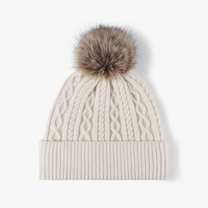 <span class=keywords><strong>Bonnet</strong></span> tricoté d'hiver unisexe pour femmes, <span class=keywords><strong>bonnet</strong></span> de ski chaud avec fausse fourrure, <span class=keywords><strong>pompon</strong></span> sans bord - Product Image 1
