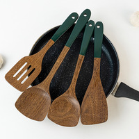 Ensemble d'ustensiles de cuisine en bois, spatule, cuillère, cuillère ajourée, 4 pièces, manche vert, trous de suspension, outils de cuisine, cadeau, maison, restaurant