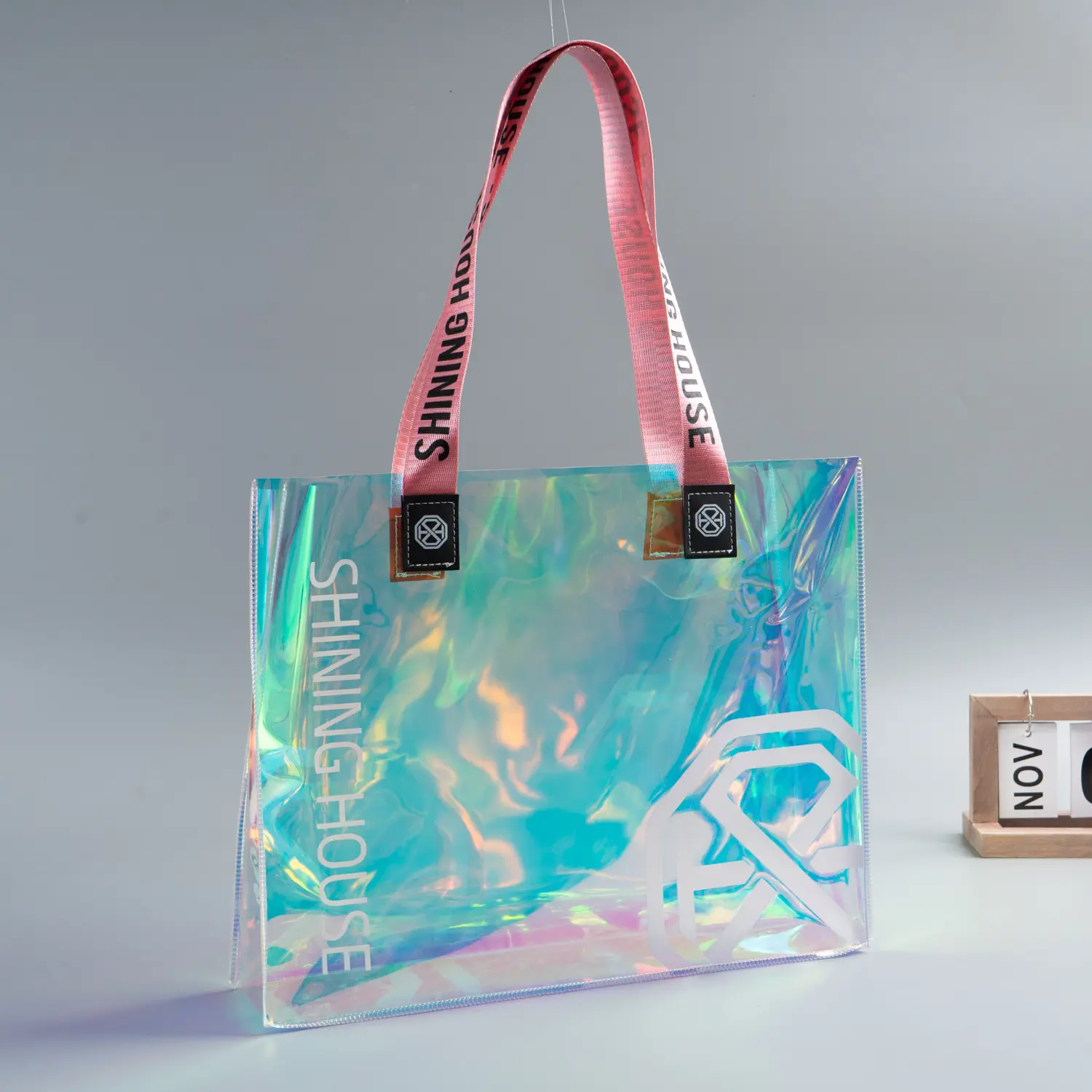 Vendita calda logo personalizzato in pvc olografica tote bag più forte manico trasparente ologramma PVC packaging bag spiaggia donna shopping Bag