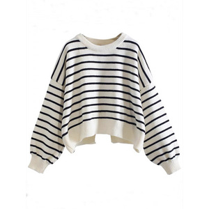 Pull rayé ample en maille pour femme, blanc, anti-boulochage, idéal printemps-automne - Product Image 1