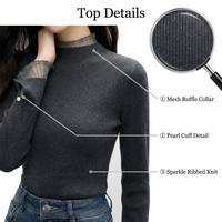CHIU SHUI Top de punto con cuello simulado y ribete de malla para mujer, jersey ajustado de punto acanalado con brillo