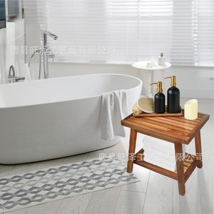Wangze Teak Bathroom Stool Double Layer <b>Storage</b> Solid Wood Foldable Foot <b>Bath</b> Seat For Bathtub Area - Product Image 1