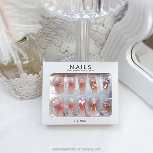 Faux ongles artificiels mignons et doux, faux ongles artificiels pour les doigts, <span class=keywords><strong>rouge</strong></span> et blanc, nœud fait à la main, ongles à presser pour l'été - Product Image 4
