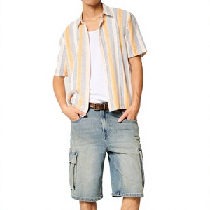 Shorts en jean droits formels pour hommes - Ceinture tissée brodée taille mi-haute en denim extensible doux, respirant et écologique, style été - Product Image 1
