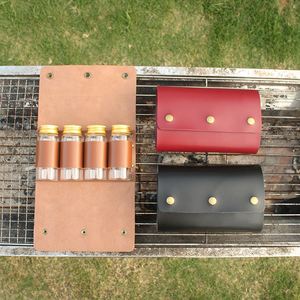 Sac de rangement portable en cuir PU pour épices avec 4 pots à épices, support pour bouteilles d'assaisonnement pour camping, barbecue, pique-nique, kit d'épices - Product Image 1